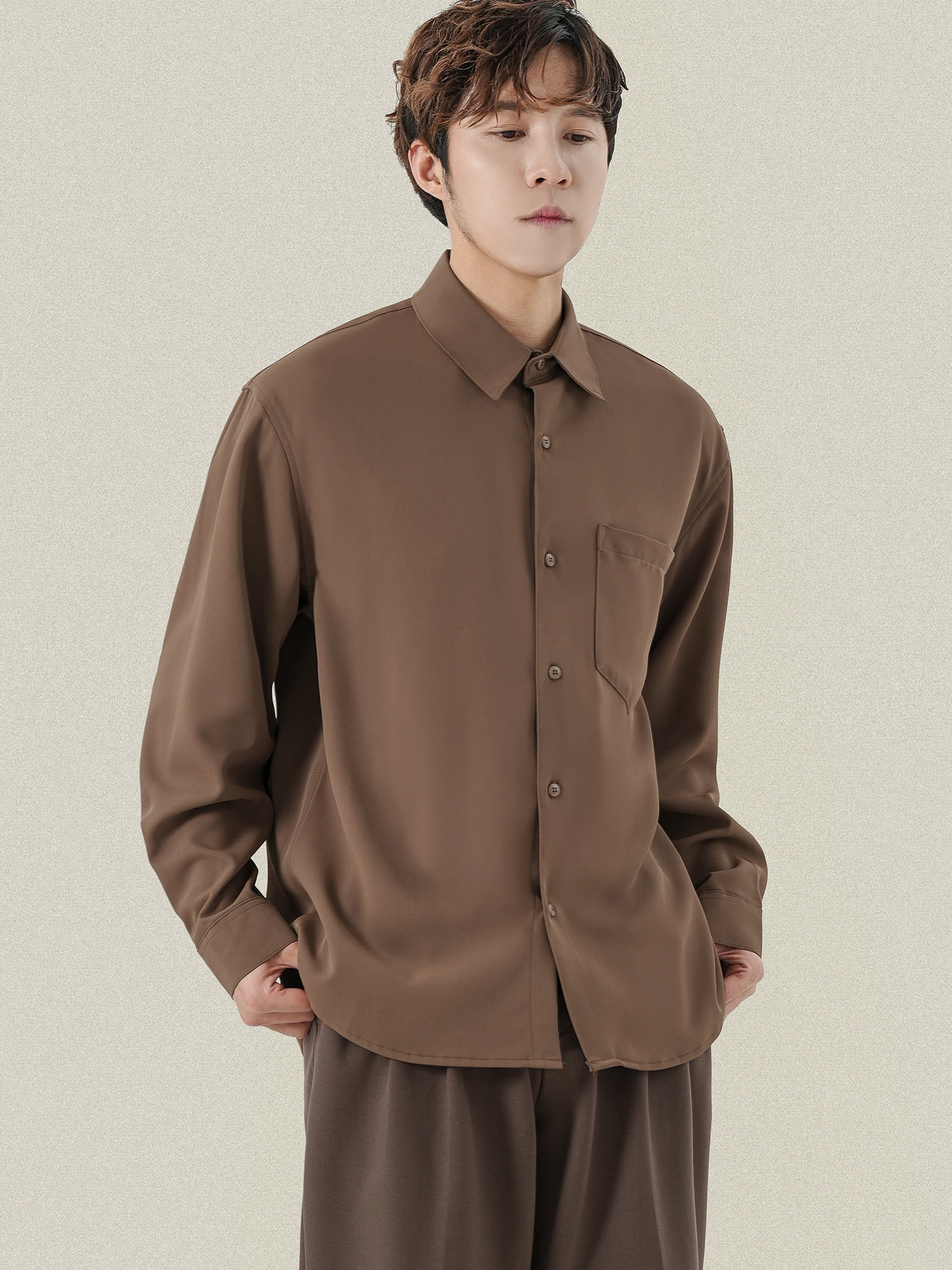 Men's Long Sleeve Smooth Silk-Like Thin Shirt Casual Pure Color Simple Match Autumn Top Fashion Urban Loose Fit Youth Inner Wear