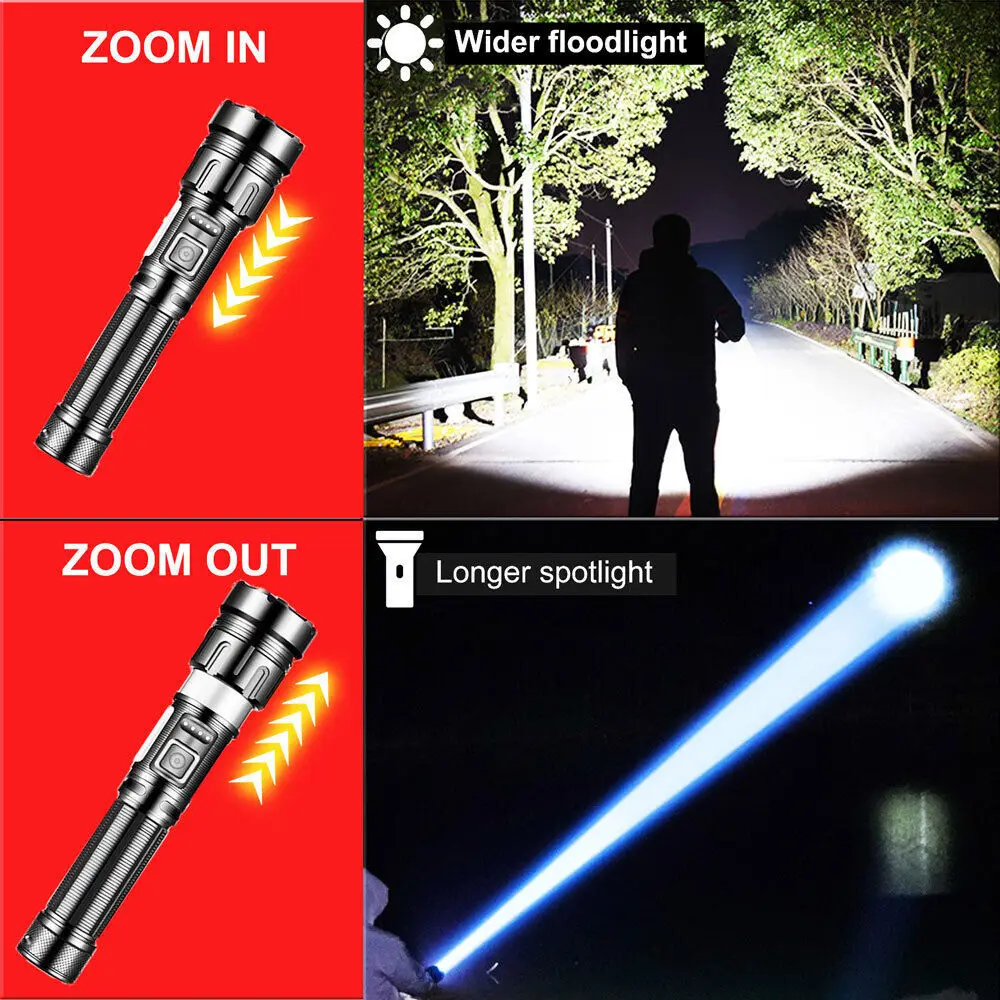 Powerful Long Range LED Flashlight High Lumens Type-C Rechargeable With Side Light Output Power Bank Zoom Linterna Torch Light