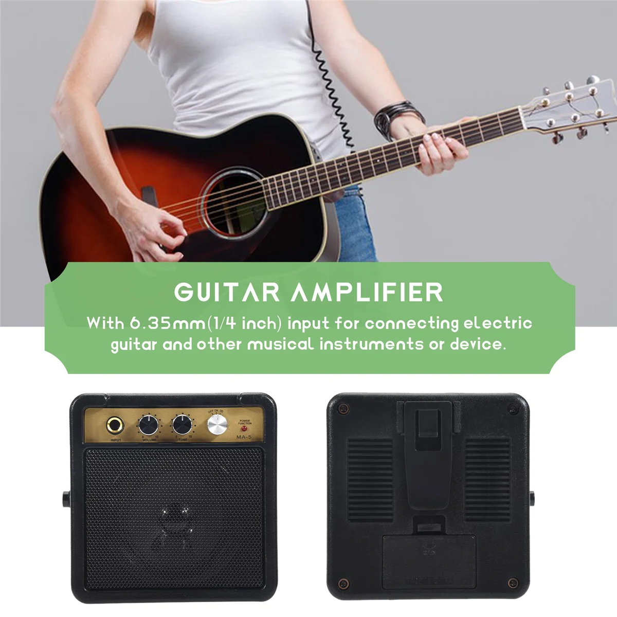 Mini Guitar Amplifier Amp Speaker 5W with 6.35mm Input 1/4 Inch Headphone Output Supports Volume Tone Adjustment