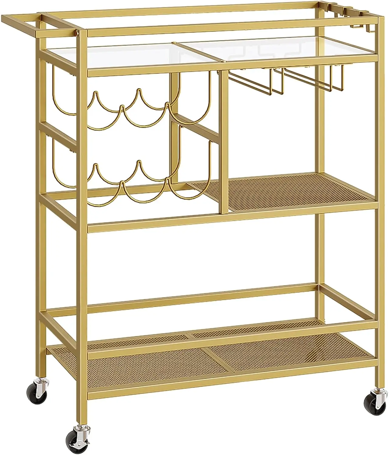 

3-Tier Rolling Bar Cart with Wheels, Handle, Wine Rack & Glass Holders for Kitchen or Dining Room
