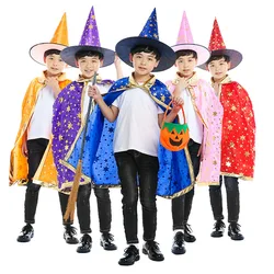 Sydanne Kids Magician Wizard Cloak Hat Cosplay Costume Hot Stamping Five-pointed Star Cloak Party Costume Halloween Costume