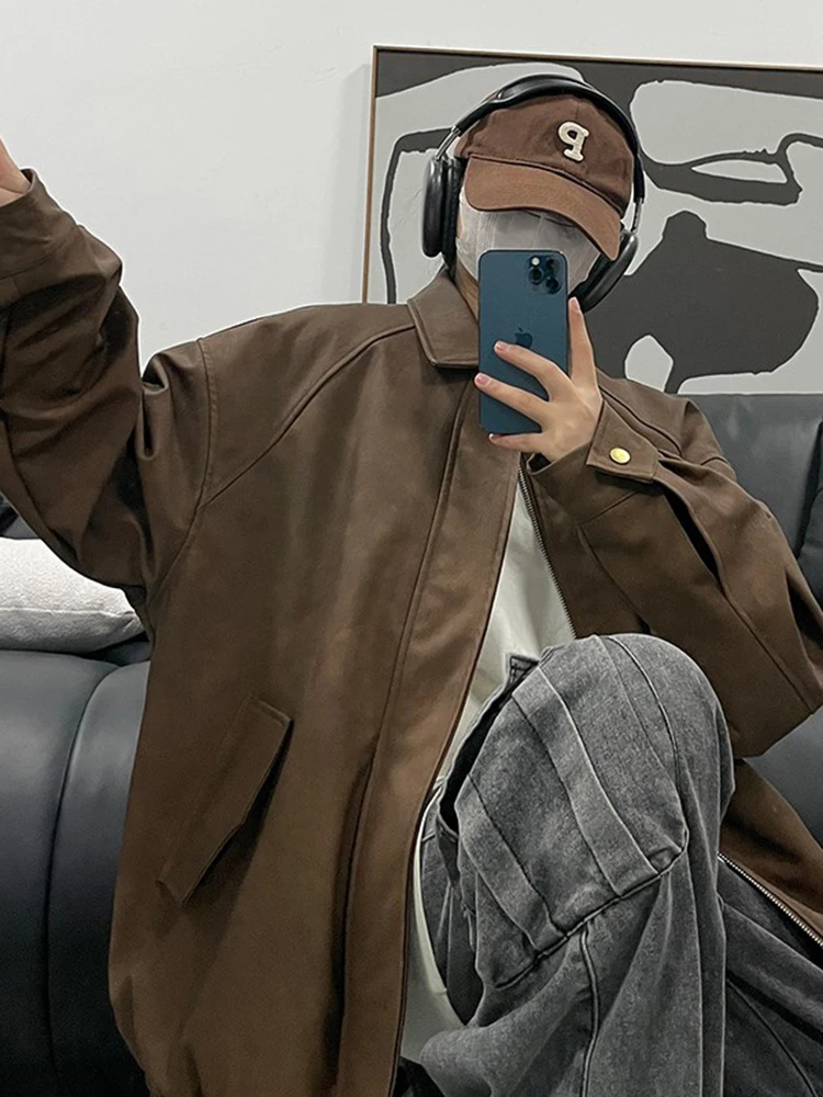 

Коричневый американский мотоцикл Jaet, мужской ранняя осень, крутой винтажный воротник Детройт, бейсбольный воротник, свободный крой, против морщин, полиэстер...