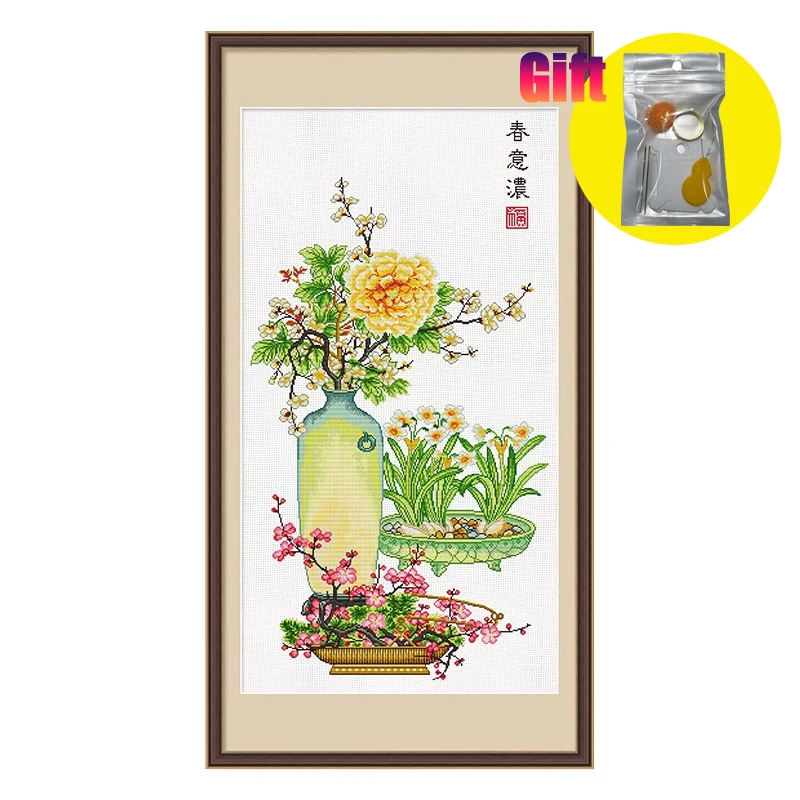 Cross Stitch Kit for Wall Decoration, Landscape Flowers, Blooming in Spring, Classical Chinese Gardens, Used for Entrance