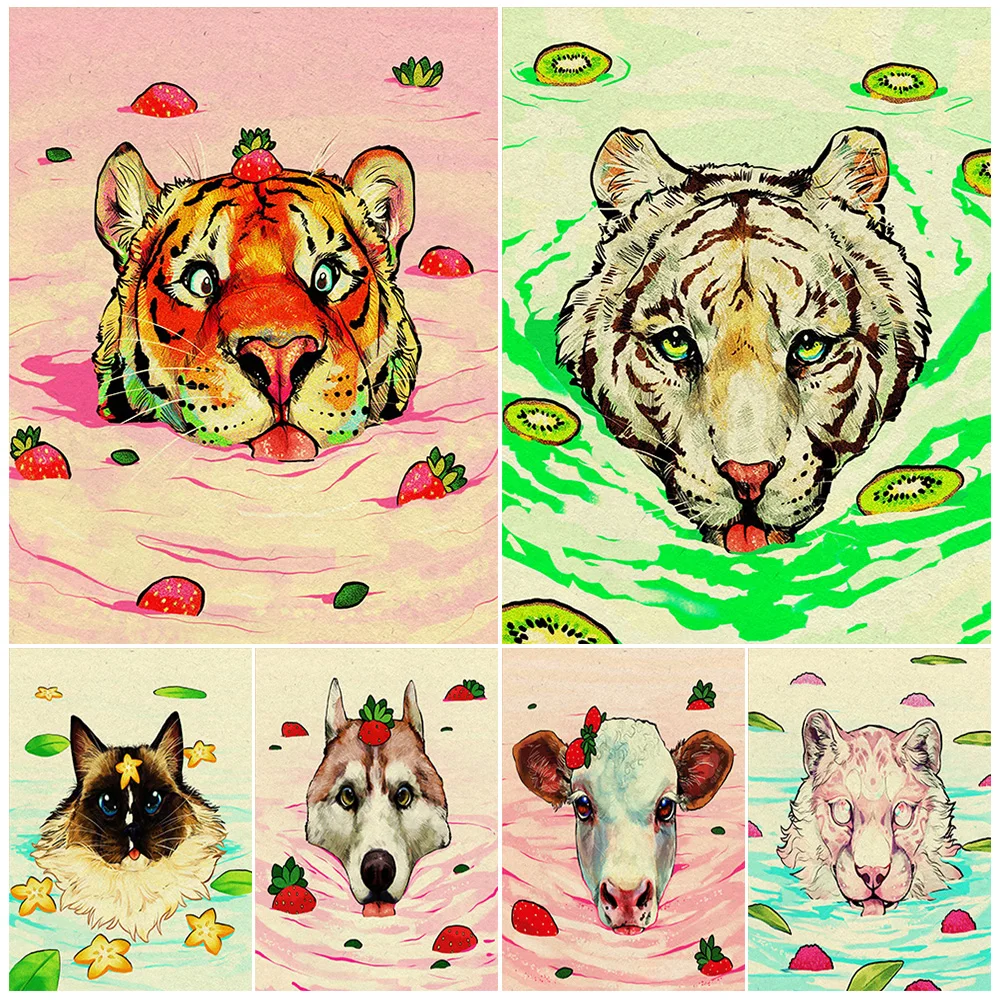 

Animals Soaked In Juice,Vintage Wall Art Canvas Painting,Tiger,Cat,Cow,Dog,Cute Animal Art Poster Print Home Decoration Unframed