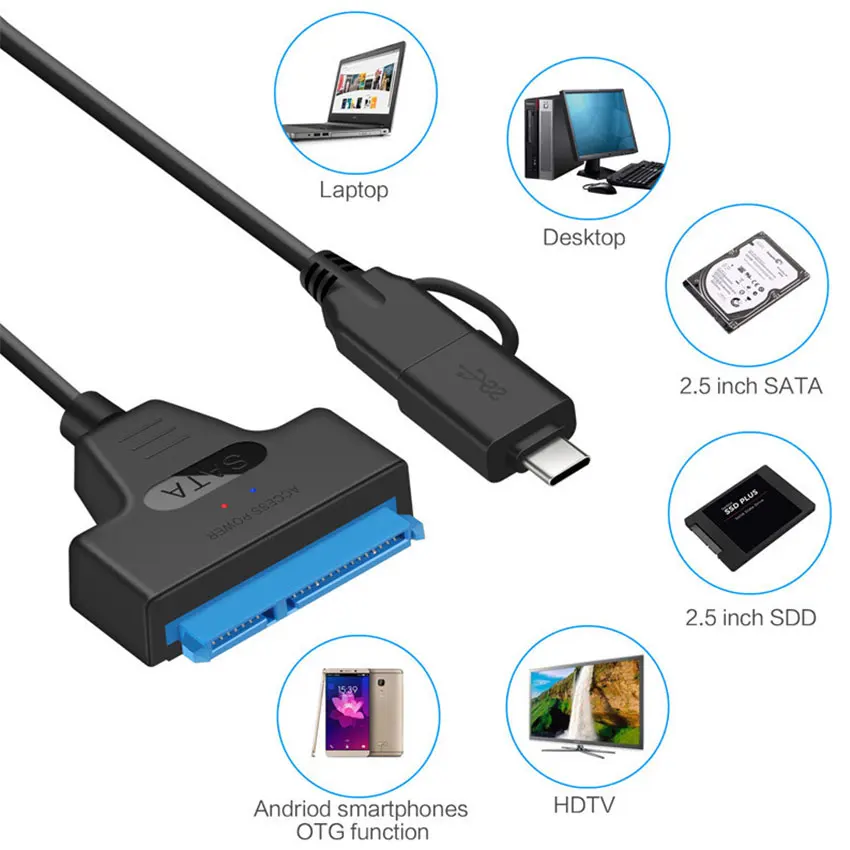 1PCS SATA to USB3.0/Type-C Adapter Cable Up To 6 Gbps High Speed Support 2.5 Inch External HDD SSD Hard Drive 22 Pin Sata