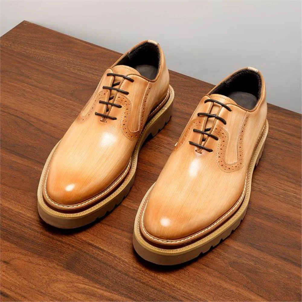 

Vintage British Style Mens Genuine Leather Casual Shoes Breathable Thick Sole Round Toe Lace Up Trendy Summer Shoes