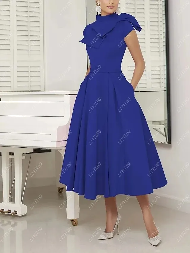 LIYYLHQ Vintage High Neck A-Line Prom Dress With Bow Short Sleeves Women Homecoming Evening Party Gown