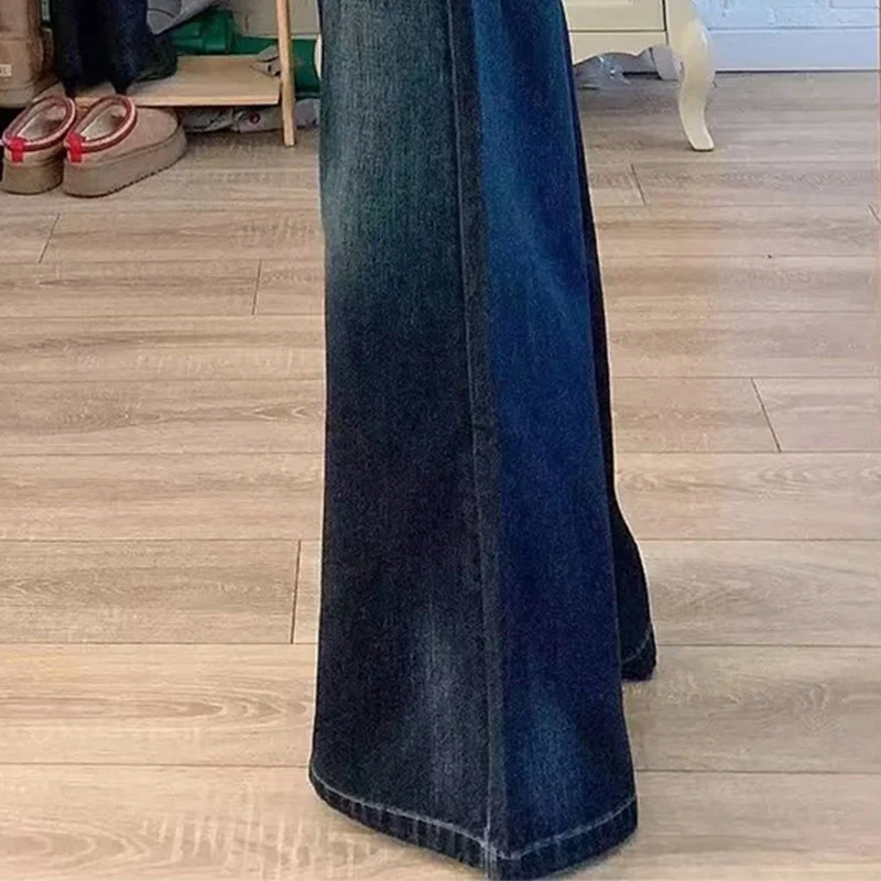 Harajuku Wide Leg Jeans for Women Vintage Deep Blue High Waist Full Length Pants Autumn 2000S Streetwear Loose Straight Trousers