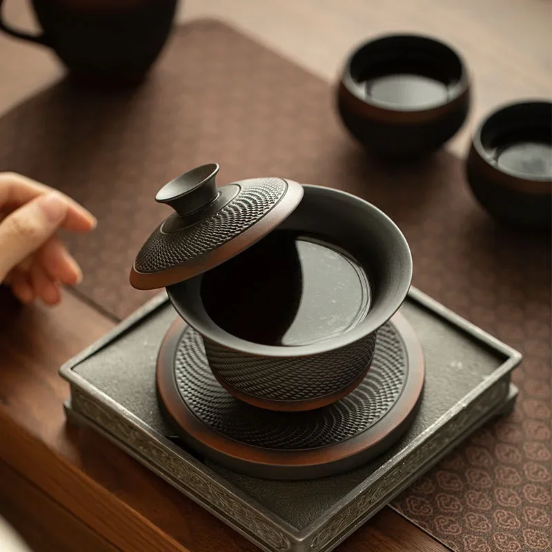 Purple Pottery Handmade Jumping Knife Hover Cover Bowl Kung Fu TeaSet with Bottom Support Ceramic Tea Wash Master Cup Ornaments