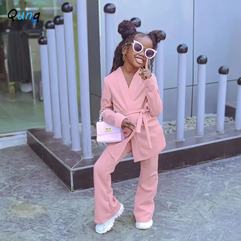 Qunq 2023 Spring Autumn INS New Girls Solid Cardigan Suit Coat + Straight Leg Pants 2 Pieces Set Casual Kids Clothes Age 3T-8T