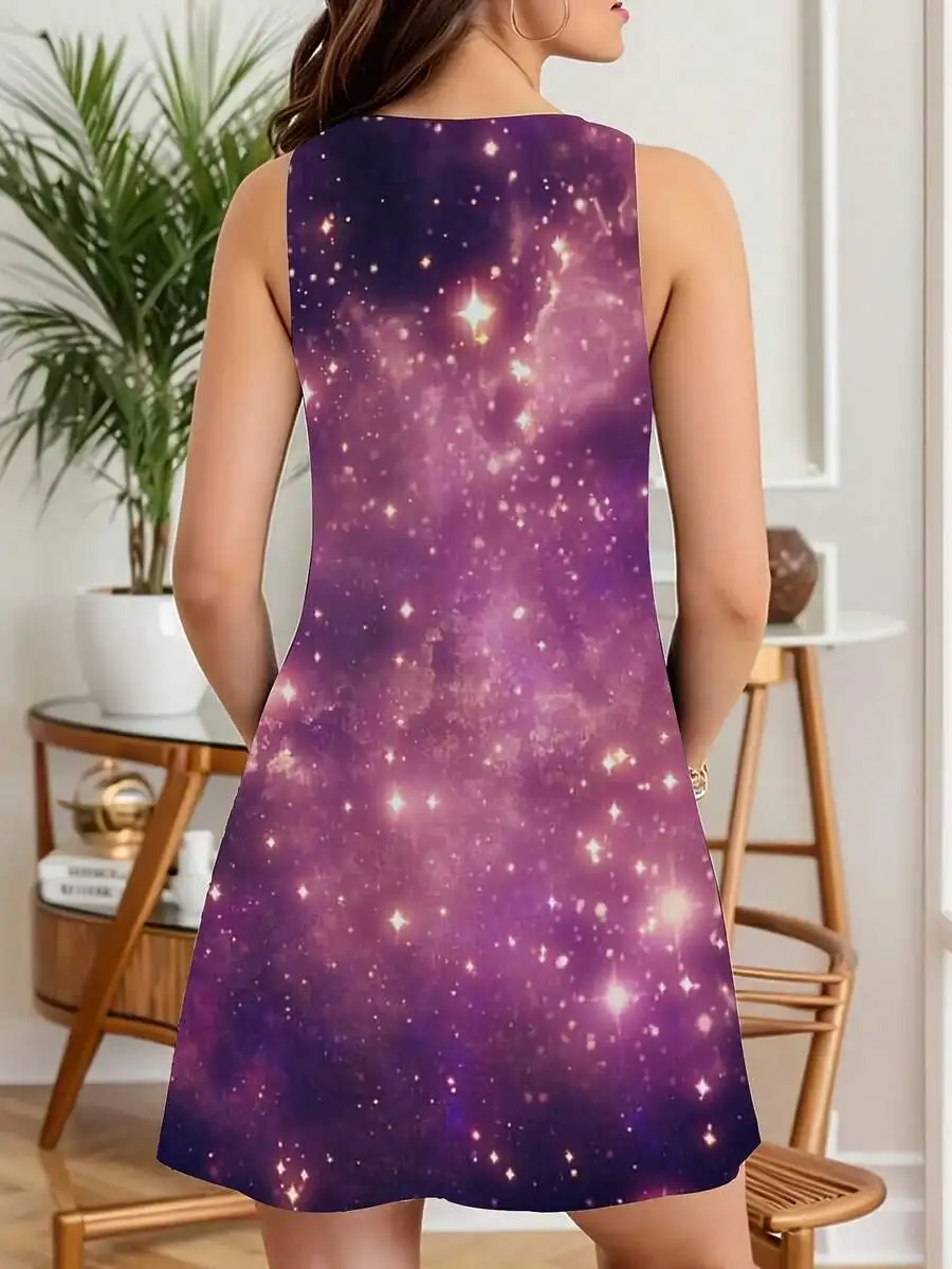 

Women Sleeveless Galaxy Print Purple Star Pattern Casual Summer Dress