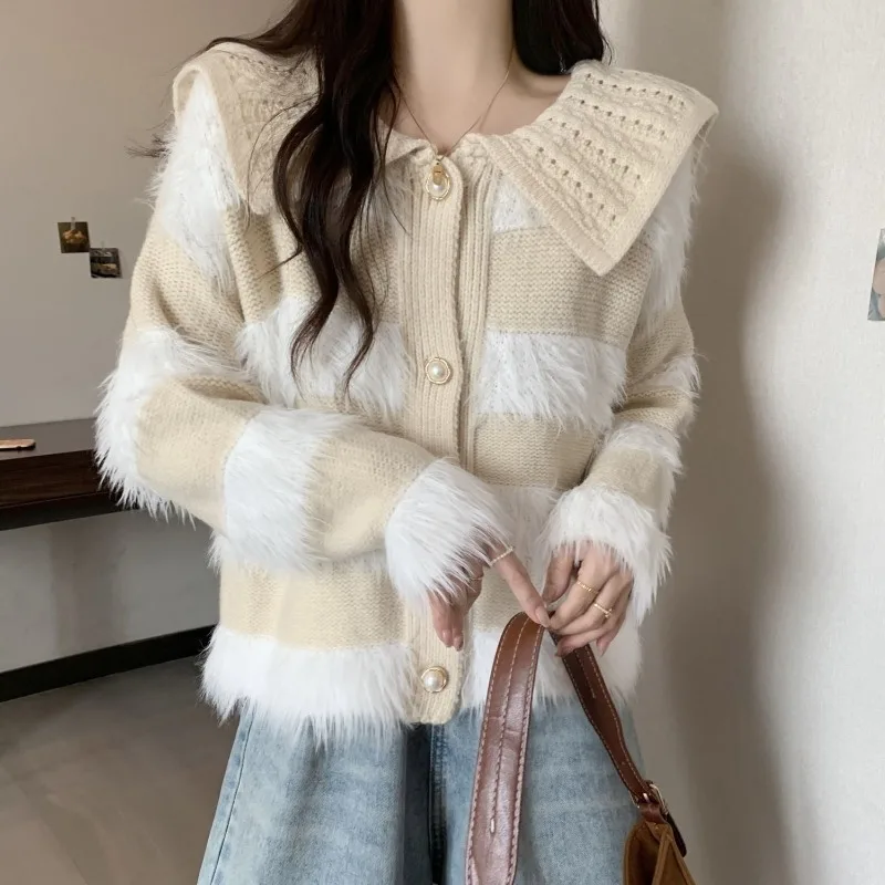 

Trendy Women's Autumn Winter Knitted Cardigan - Fuzzy Striped Ruffled Collar Gentle Soft Loose Fit New Arrival Knitwear