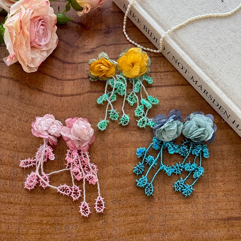 Blue Floral Tassel Earrings for Women - Bold and Unique, A Perfect Accessory for Your Summer Vacation Outfits.