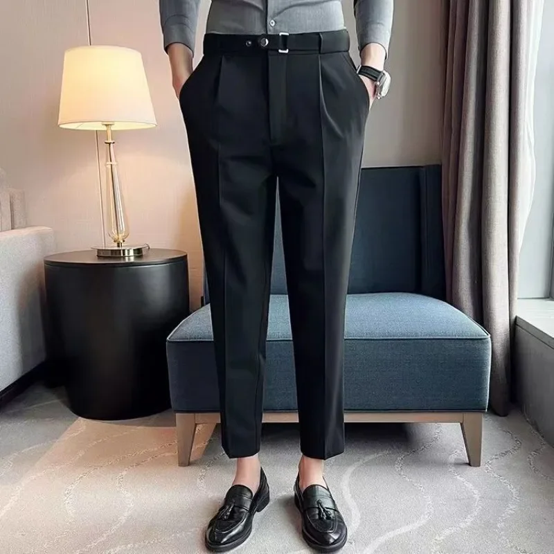 Draped with Belt Man Suits Pants Gray Fluid Trousers for Men Elegant Work Wear Fashion Vintage New in Slacks Tailoring Fabric Up