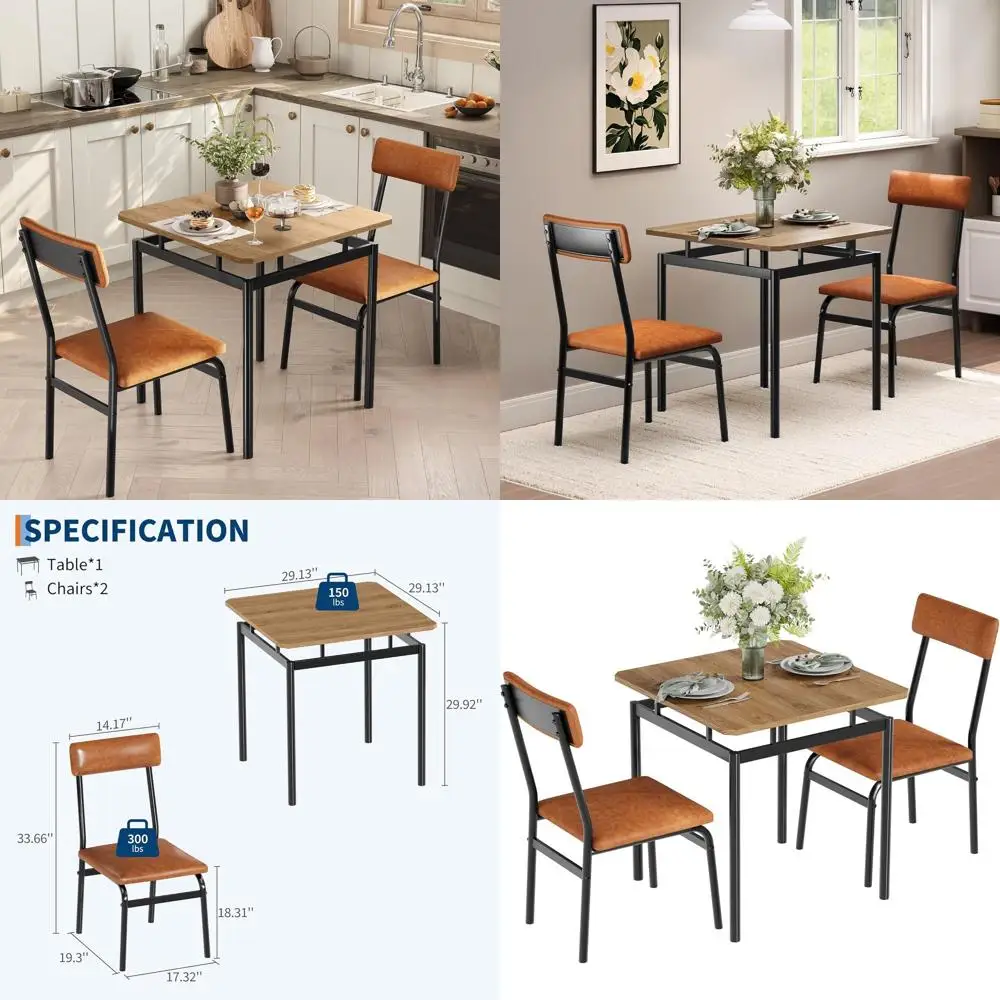 

Compact 3-Piece Dining Set for 2 with Metal Frame Table & PU Leather Chairs for Small Spaces, Ideal for Kitchen or Dining Room,