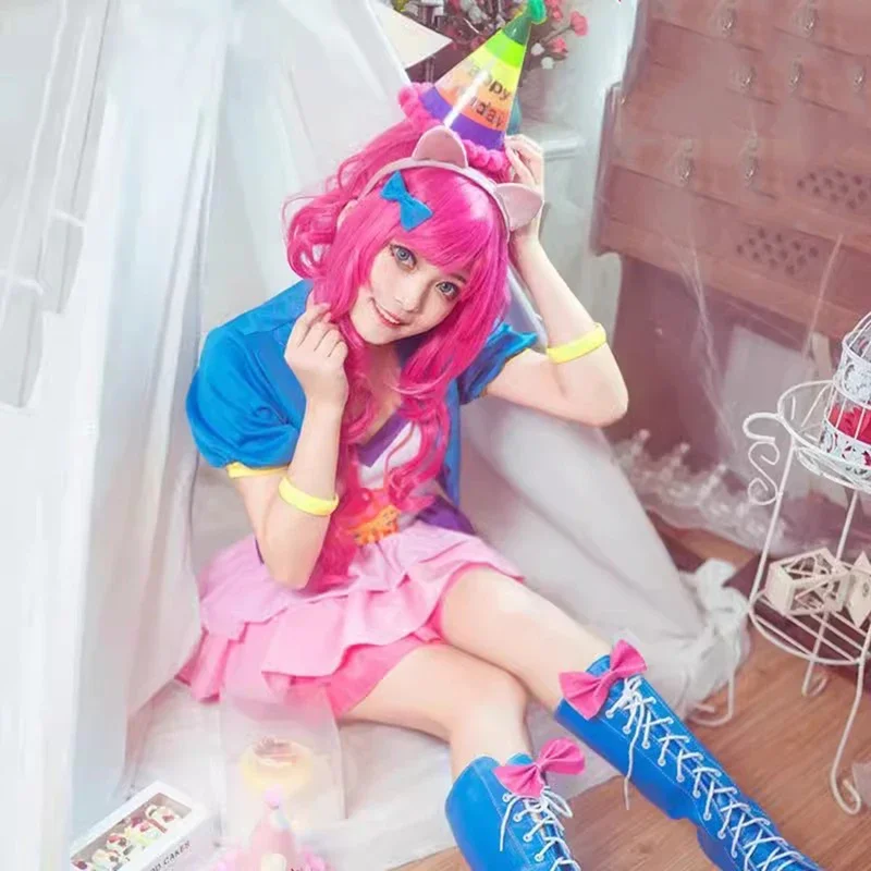 Little Pony Pinkie Pie Cosplay Costume Fashion Uniform Suit Outfit Halloween Christmas Party Lovely Princess Skirt headwear*.1