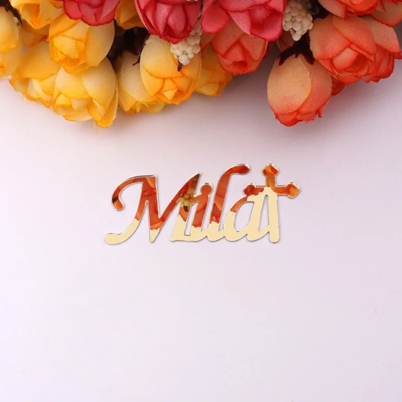 

12pcs 5cm/8cm Width Custom Personalized Name Plate Acrylic Mirror Sticker Cake Tag Baby Baptism Wedding Party Decoration