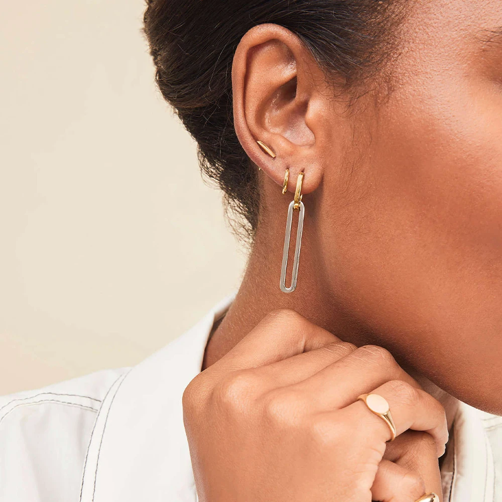 Fashion Gold Silver Color Double Loop Design Square Long Hoop Earrings Removable Punk Hip Hop Round Huggie Jewelry for Women