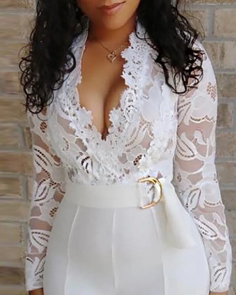 White Lace Jumpsuit Women Sexy V Neck Lace-up Spring Lace Long Sleeve Wide Leg Long Pants Office Lady Romper Overalls Jumpsuits