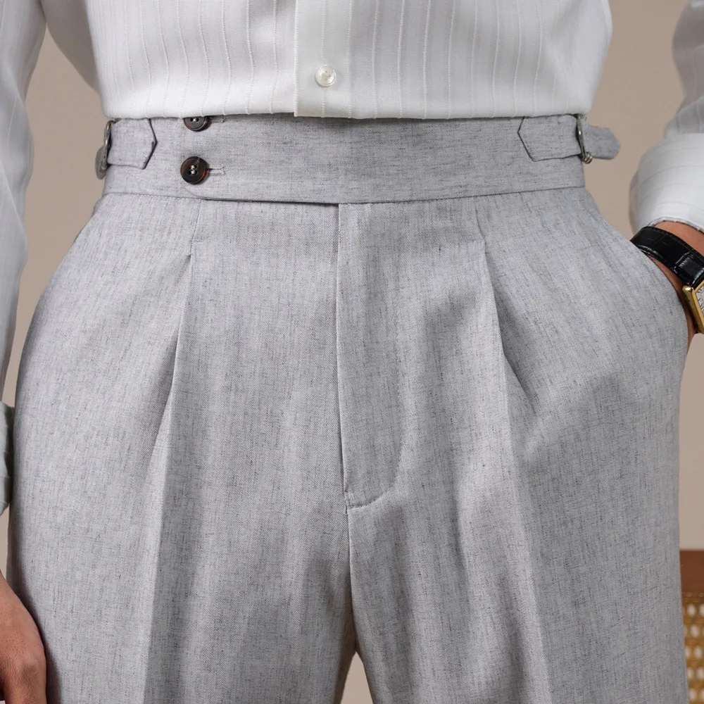 Linen Blend Pants Business Casual Naples Trousers Straight-Leg Suit Pant Men Social Trousers Office Pantalon Costume Men Draped