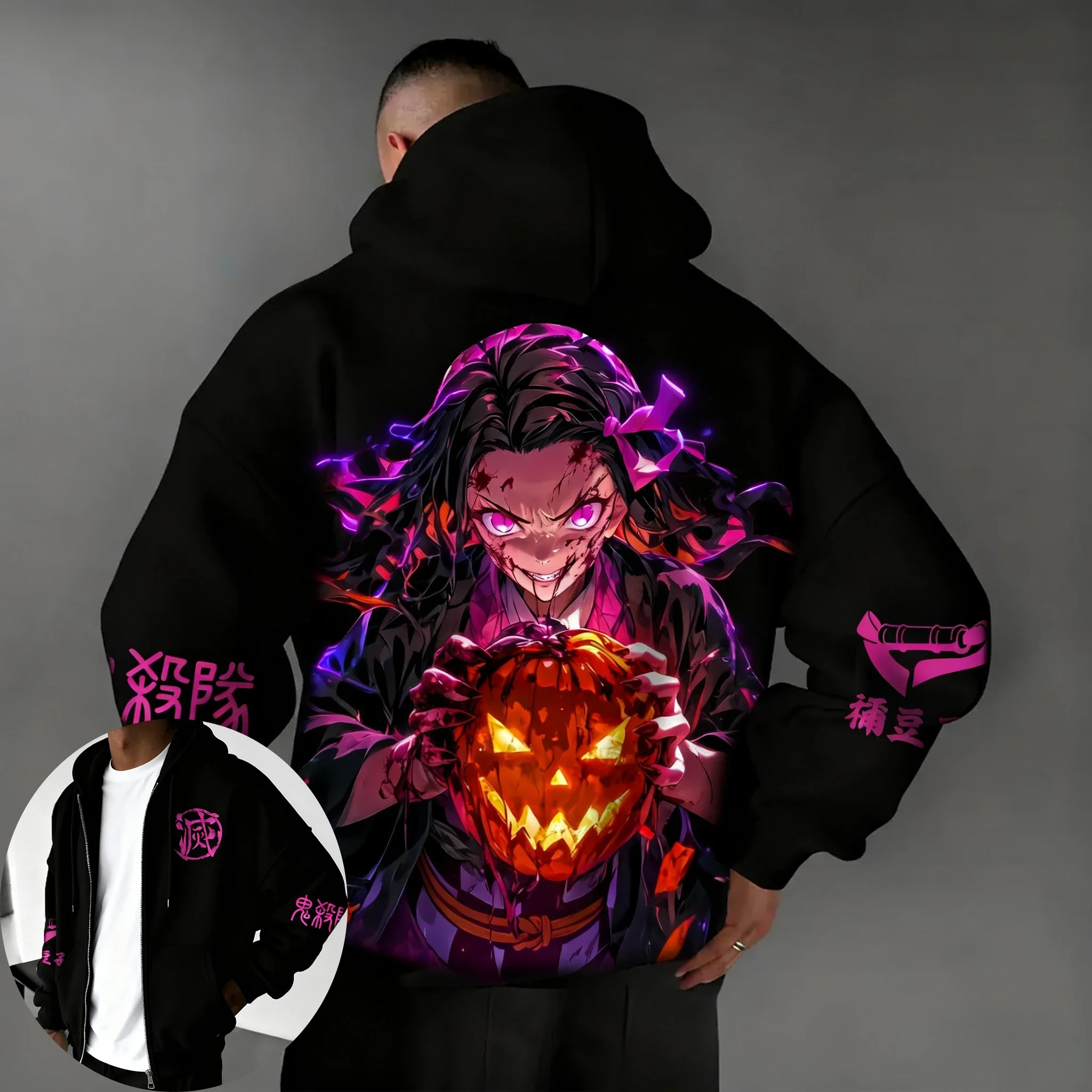 Demon Slayer Halloween Collaboration Zipper Hoodie Men's Autumn/Winter  Anime Printed American Hip Hop Casual Sports Top