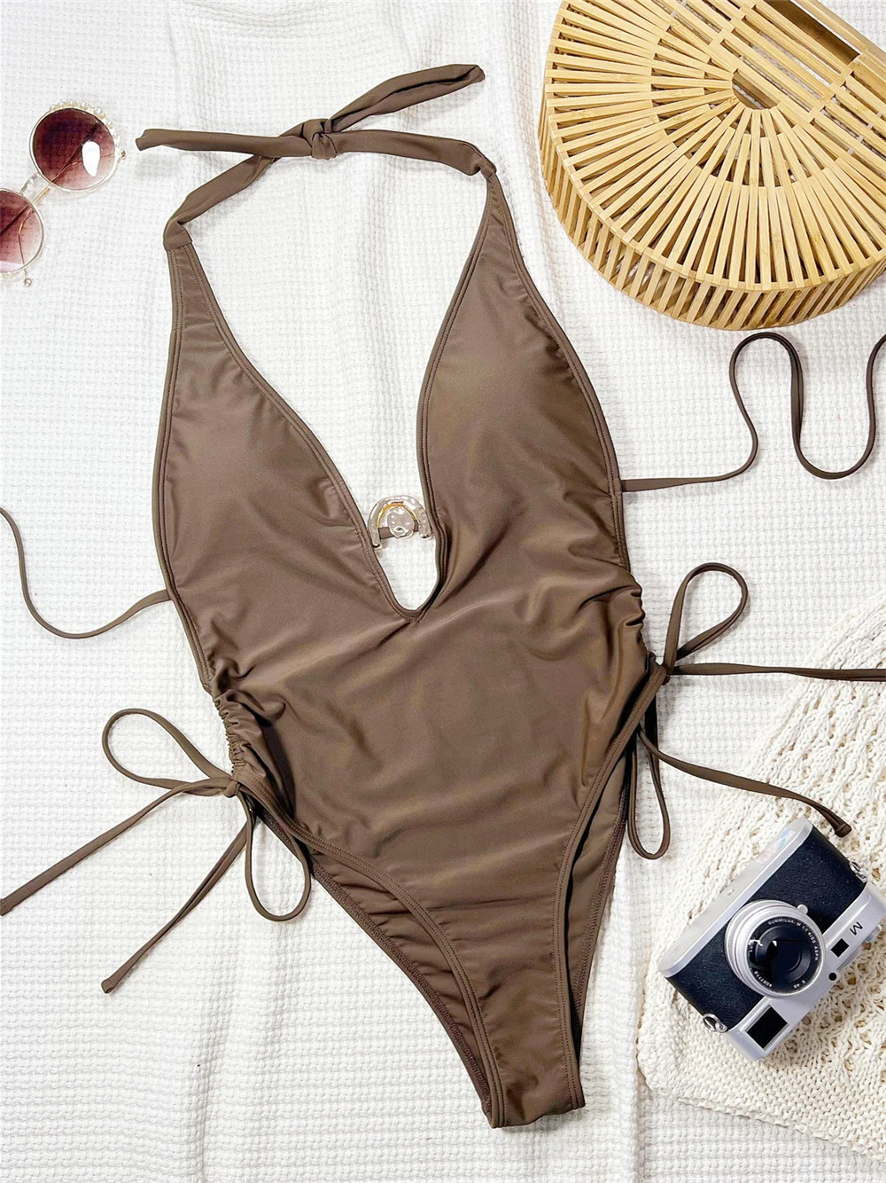 

Sexy Deep V Drawstring Bikini Backless Lace Up Swimsuit Women High Leg Metal Trim Swimwear Hollow Out Beachwear Vacation Outfits