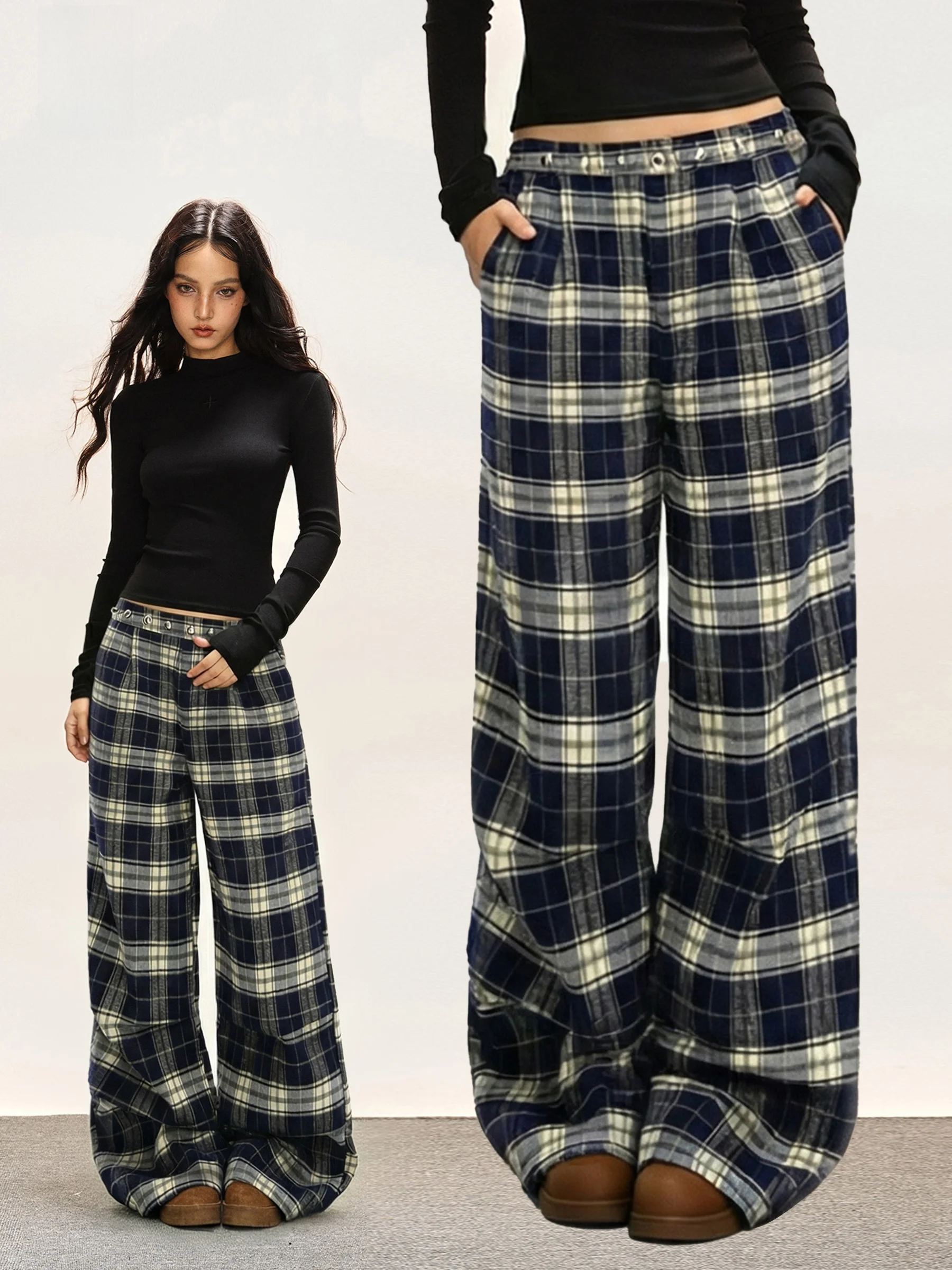 

iyue Lazy Plaid Casual Pants High Waist Drapey Straight Leg Long Pants American Retro Loose Wide Leg Pants for Women