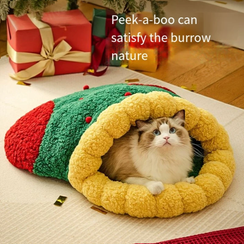 Cat litter winter warm semi-closed kennel Christmas deep sleep cat drill tunnel quilt cat sleeping bag