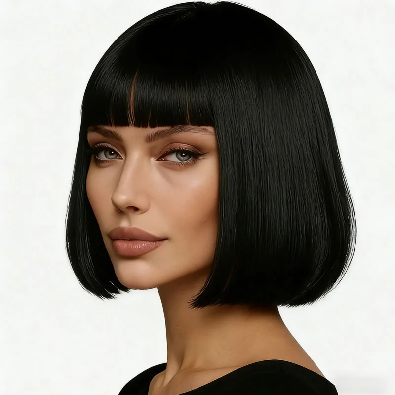 Synthetic black 12 inch bob wig suitable for all women, natural fluffy Christmas music COSPLAY versatile styling wig