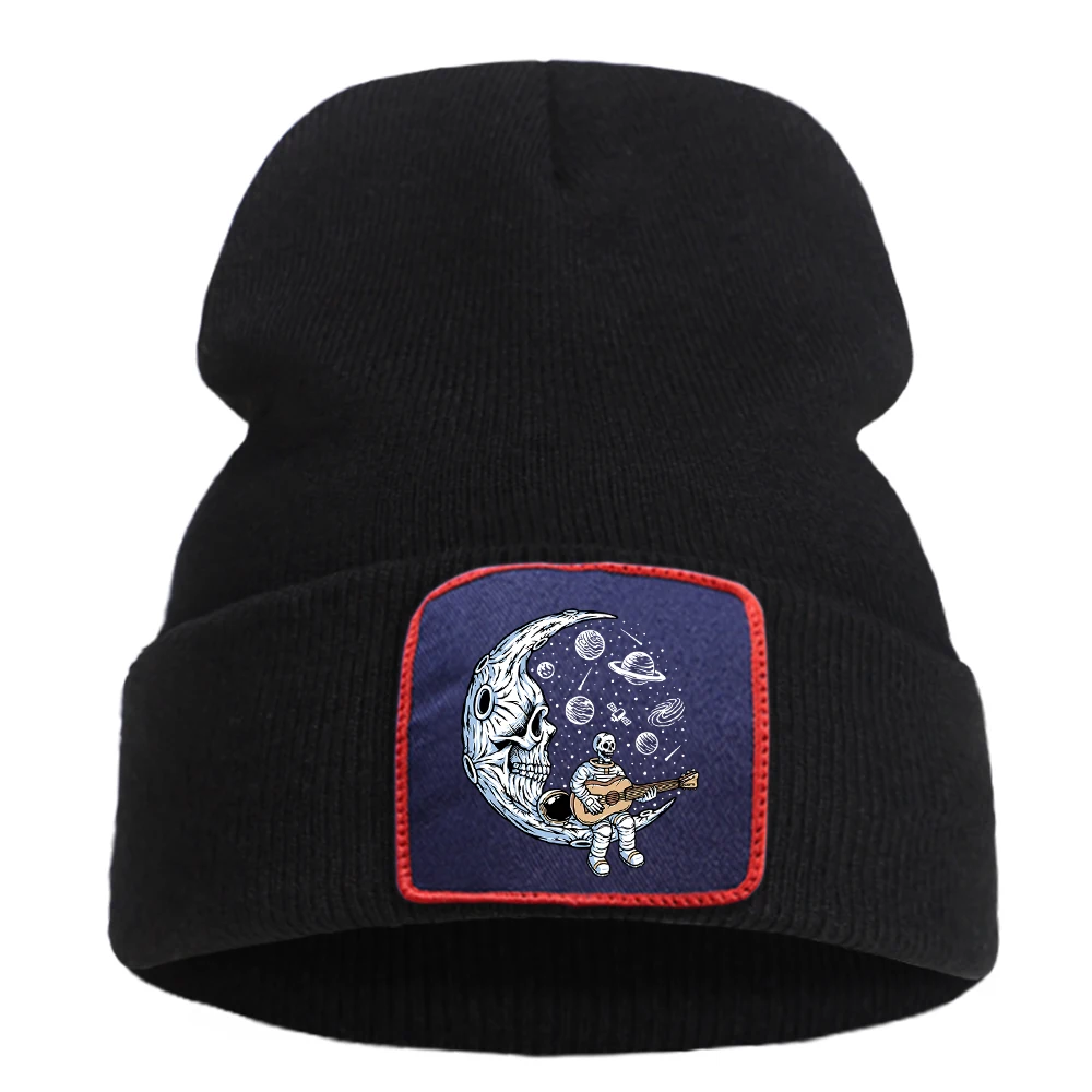 Skeleton Astronauts Playing Guitar On The Moon Punk Hat Unisex Sport Style Warm Mountaineering Caps Cotton Material Casual Hats