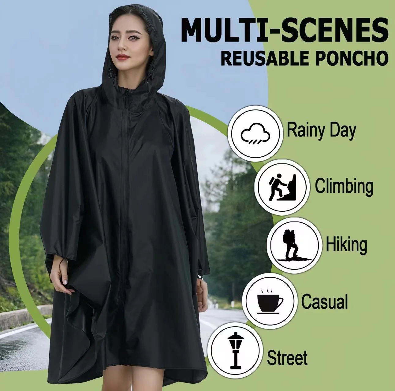 Unisex Waterproof Hooded Cape Raincoat with Zipper Lightweight Outdoor Rain Poncho for Cycling Hiking Camping and Daily Use