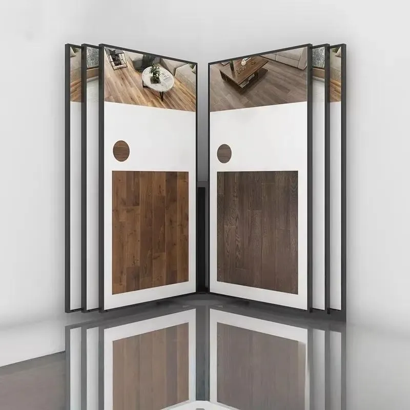 Custom Logo Foldable Modern Push Pull Rotary Oak Floor Sample Rack Wood Hardwood Display