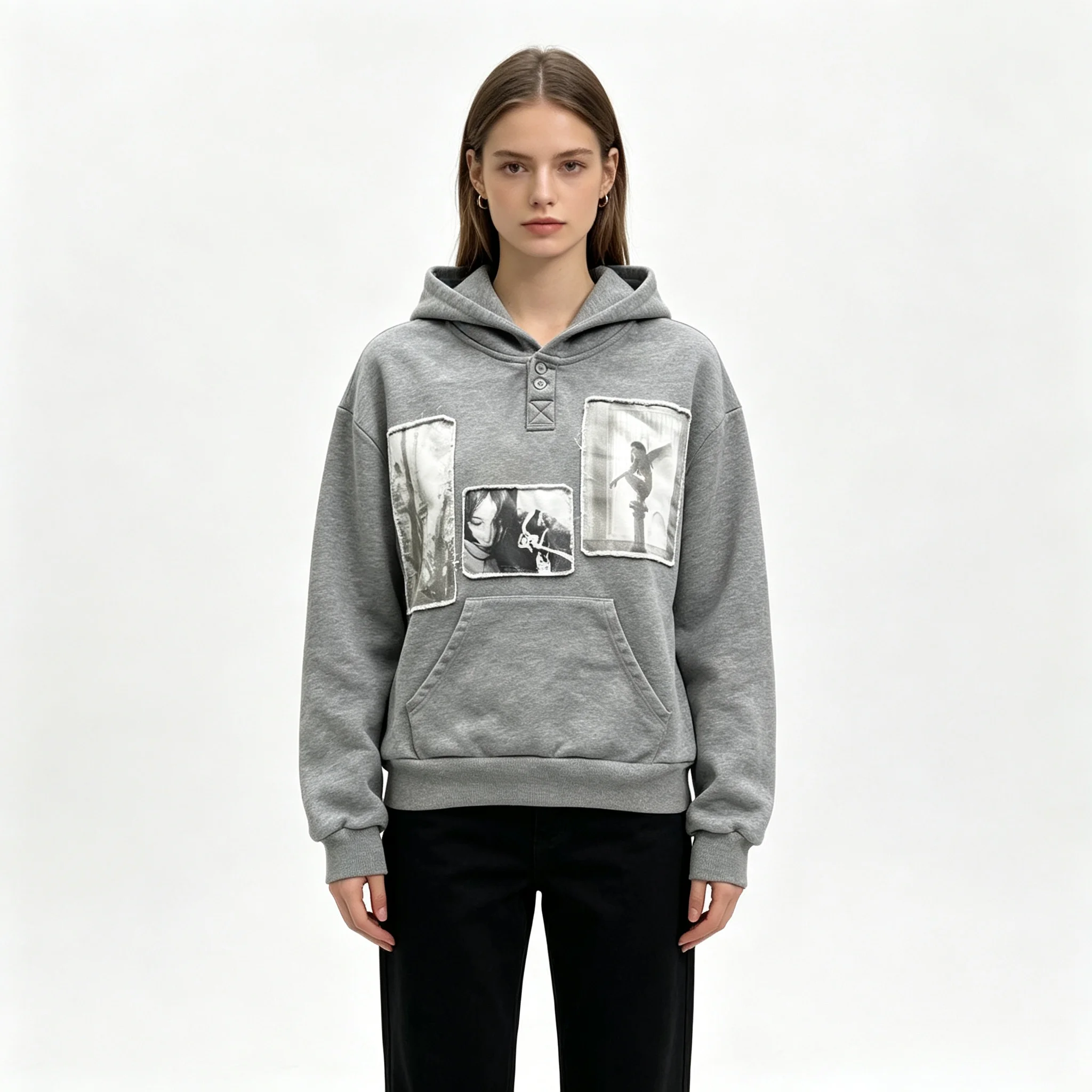 Unisex American Retro Hooded Pullover Sweater Autumn Winter High Street Fashion Patch Embroidered Button Decoration Streetwear