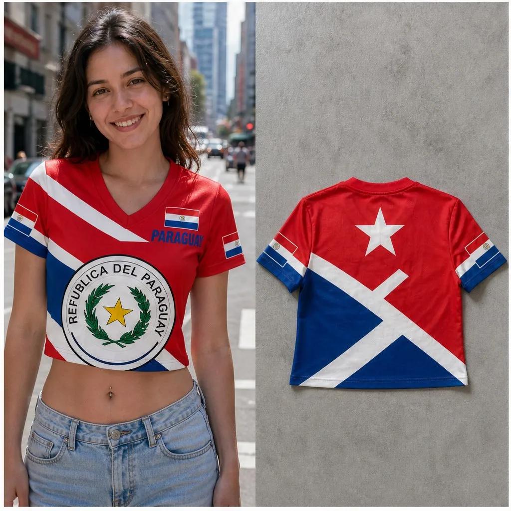 Womens Paraguay Laurel Seal V Neck Cropped Short Sleeve T Shirt Flag Graphic Casual Summer Streetwear Top For Modern Daily Wears