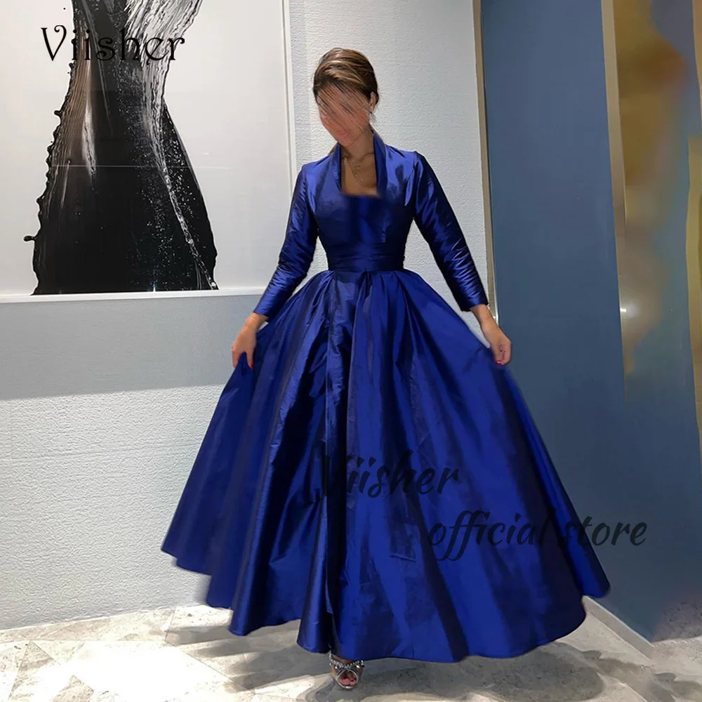 

Viisher Royal Blue Satin A Line Evening Dresses Long Sleeve Dubai Arabic Formal Prom Dress Floor Length Party Gowns