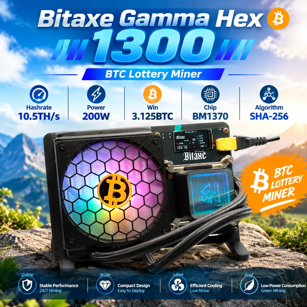 Bitcoin Miner Bitaxe Gamma Hex 1300 10.5TH/s 200W 6xBM1370 Chip ASIC Open Source SHA-256 Home Mining with PSU