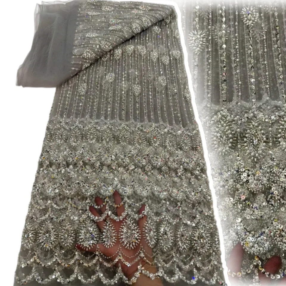

New Style Groom Embroidery Beaded Lace Fabric 2026 High-End African Sequins Lace Fabric For Bridal Evening Dress Sewing 2712