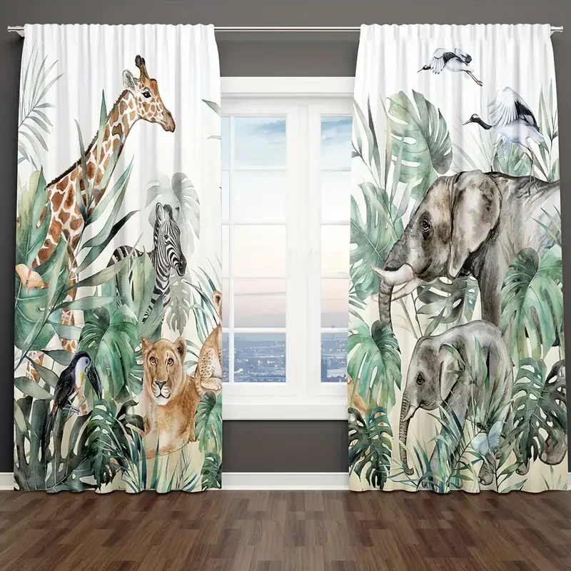 2pcs Cute Giraffe Curtains for Bedroom Living Room Kids Zoo Animal Curtains Cartoon Animal Drapes Decor Elephant Floral Leaf Gre