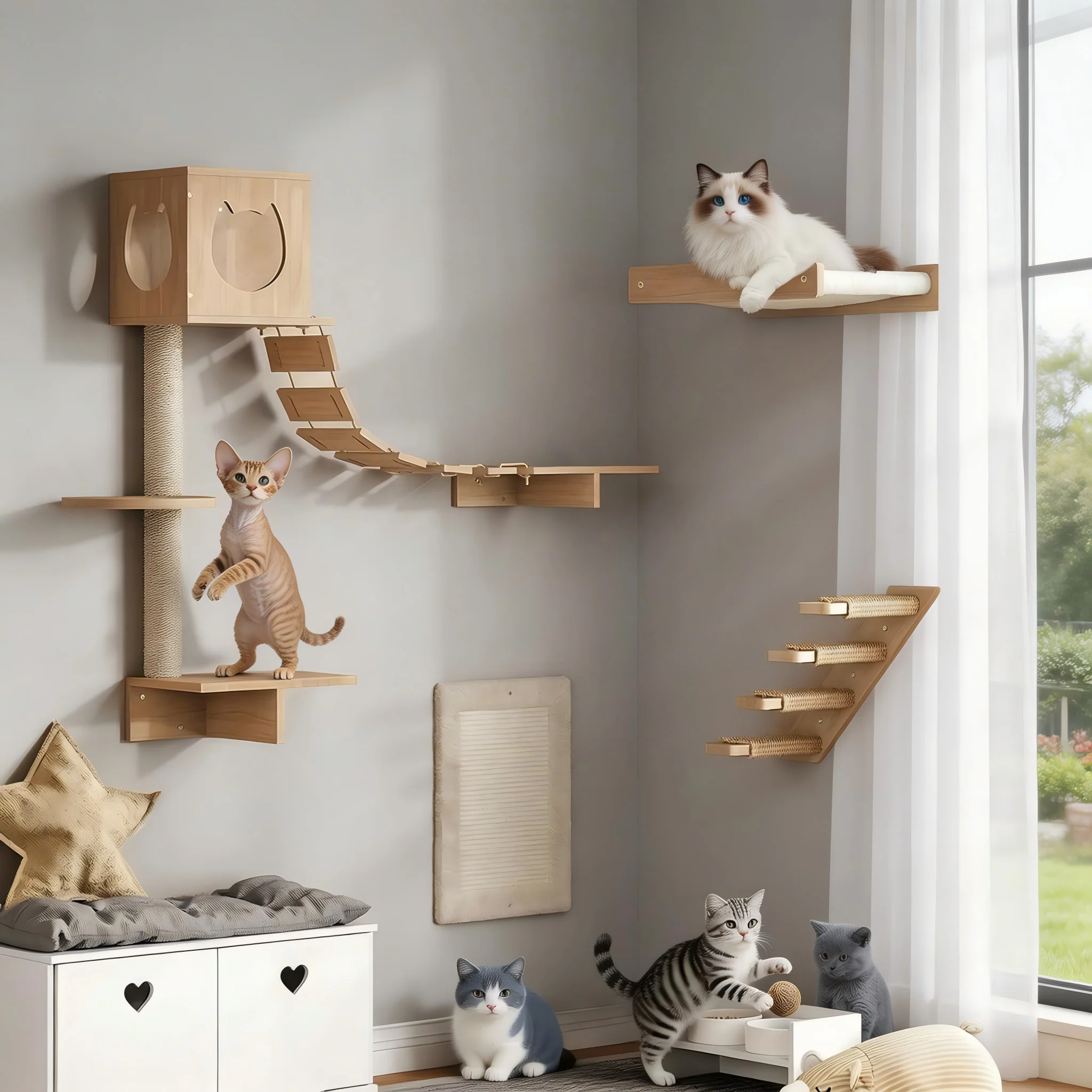 Cat Wall Mounted Furniture Floating Shelf With Cat Scratching Post Climbing Perches Hammock Wall Steps For Sleeping Playing Rest