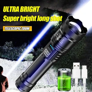 Powerful LED Flashlight Battery Display USB Rechargeable Light Telescopic Zoom Torch Lamp Outdoor Camping Fishing Lantern