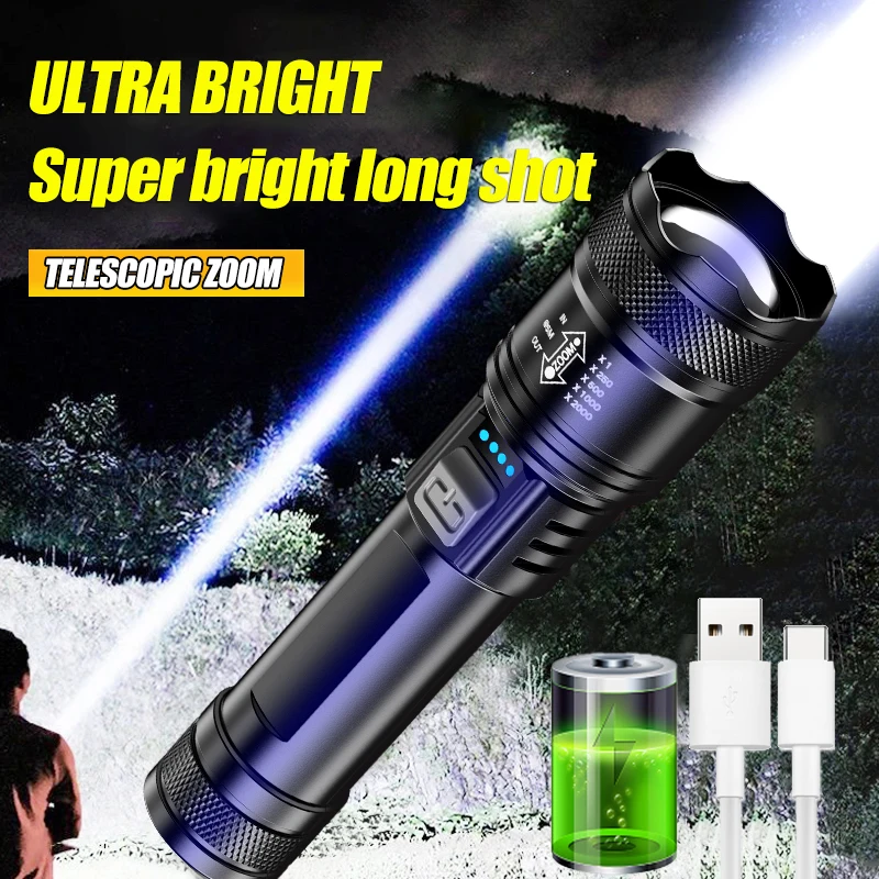 Powerful LED Flashlight Battery Display USB Rechargeable Light Telescopic Zoom Torch Lamp Outdoor Camping Fishing Lantern