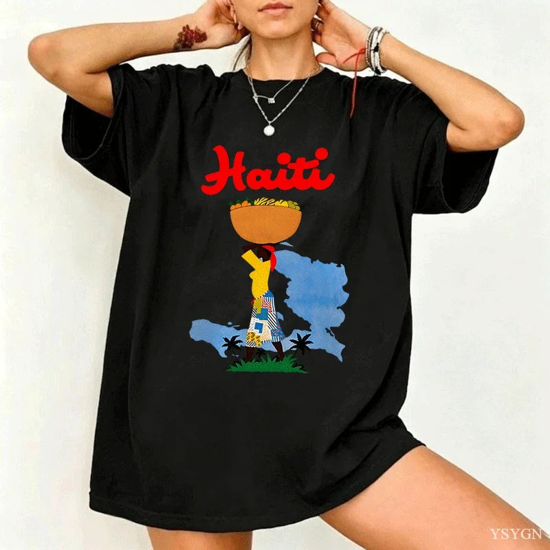 Women Haiti Map Graphic T Shirt Haitian Woman Fruit Basket Print Short Sleeve Tops Cotton Ladies Tees Caribbean Culture Clothing