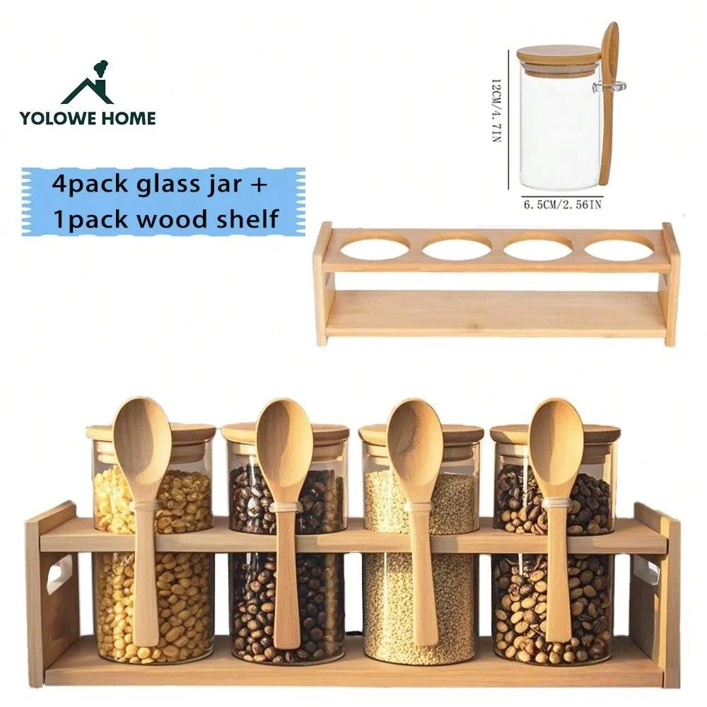 5-teiliges Set, 12-Unzen-Gewürzglas aus Glas für die Küche, Glasgefäß mit Bambusdeckel, moderner Aufbewahrungs-Gewürzbehälter mit Bambusständer und Löffel, Kaffeebehälter, Süßigkeiten-Mehlglas, Vorratsbehälter-Set aus Glas
