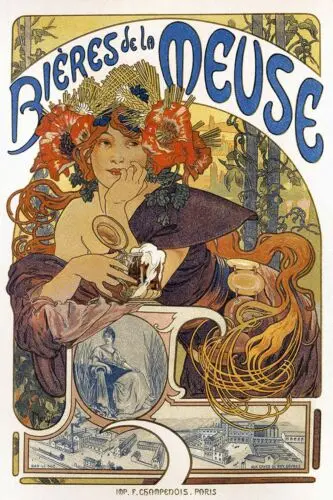 Bieres De La Meuse Beer Advert Placa de letrero de metal de estilo vintage, Alphonse Mucha