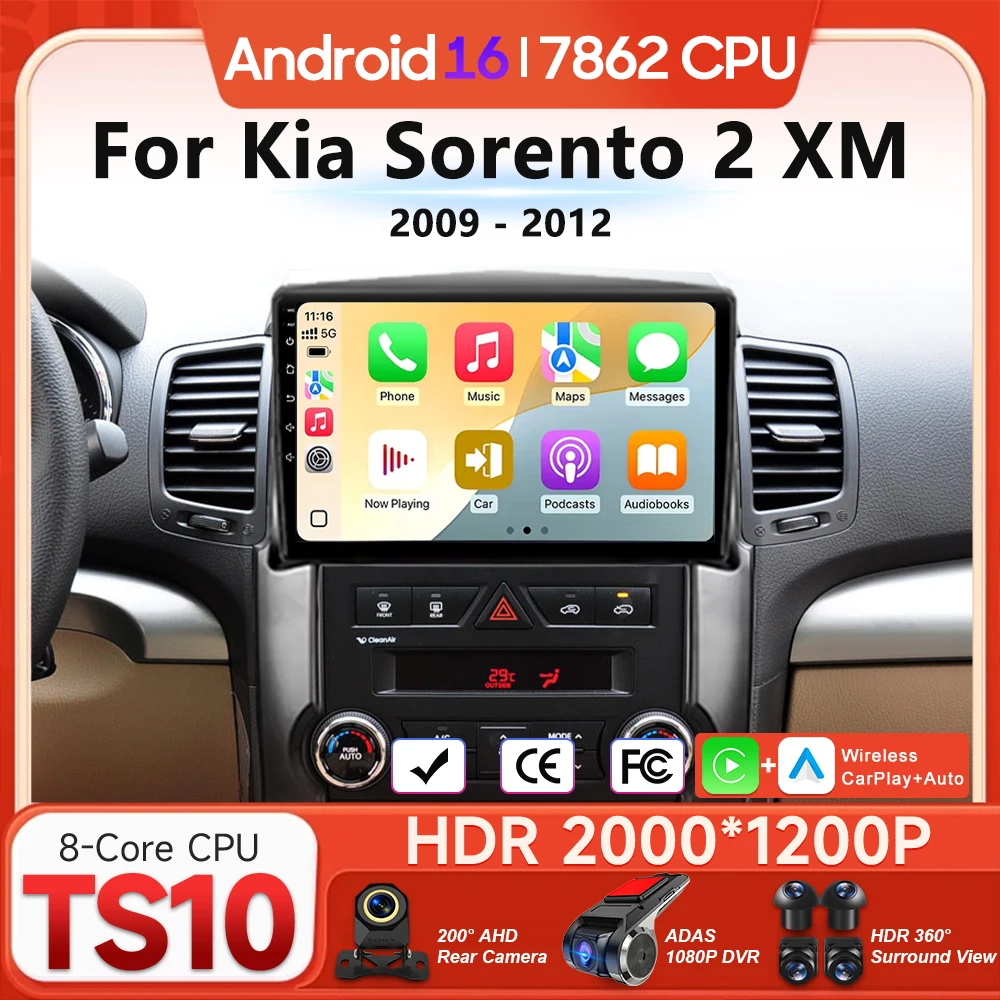 Android 16 For Kia Sorento 2 XM 2009 - 2012 Car Multimedia Player Carplay Auto Head Unit Radio Video Wifi Navigation GPS 2din BT