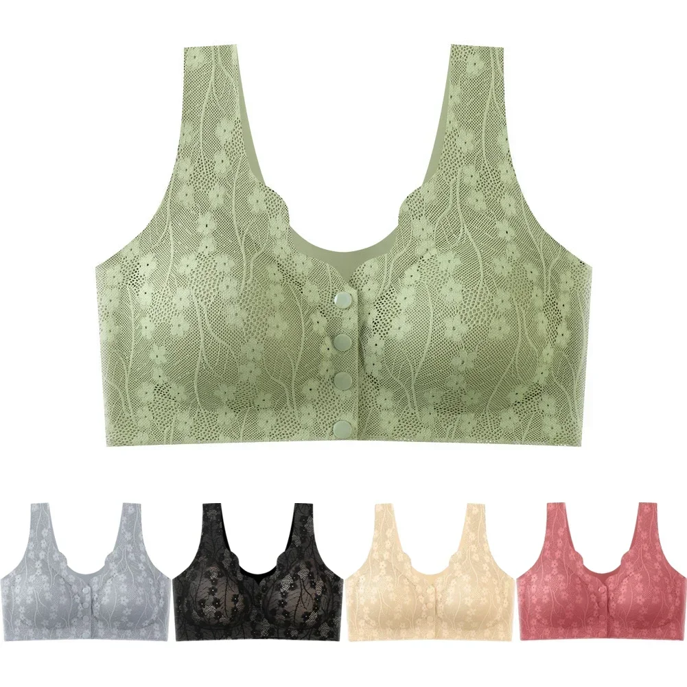 Middle-aged Elderly Mothers\' Front Buckle Bra Lace Seamless And Breathable no Steel Ring Bra Ice Silk Sexy Gathering Underwear