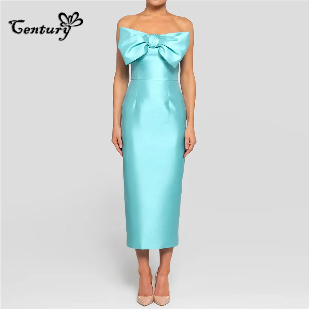 

Mint Green Prom Dress Long Strapless Tea-Length Big Bow Satin Evening Party Gowns Formal Occasion Dresses Customized