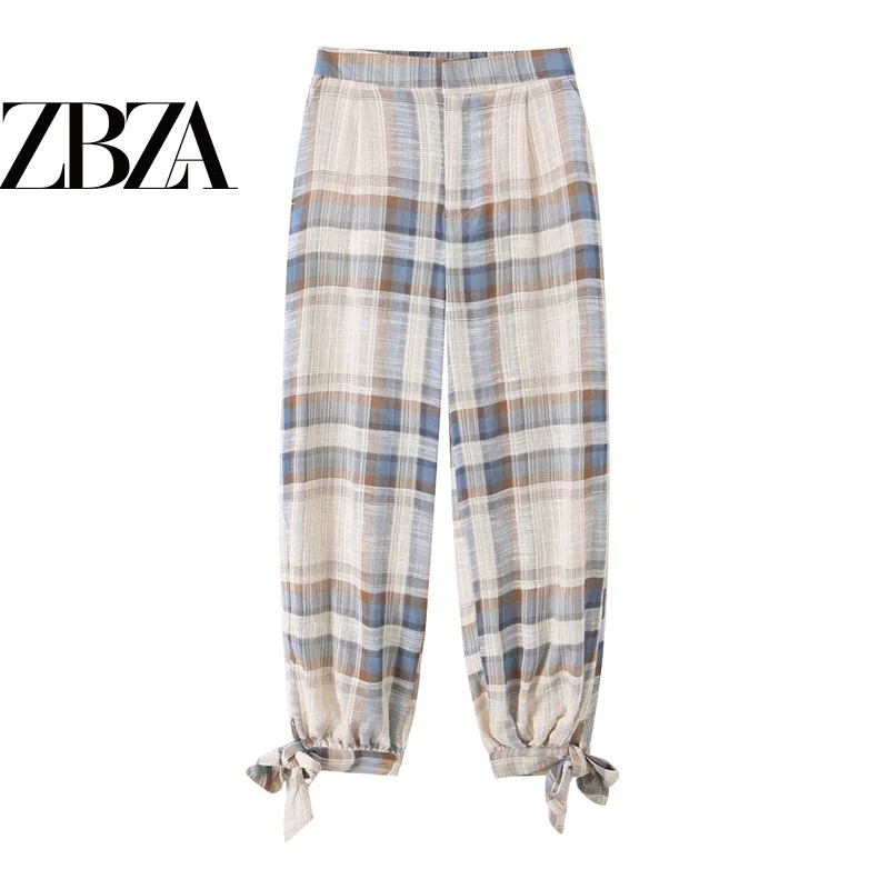 Vintage Style Women's Lantern Pants Checkered  Knot Versatile Personality 7831105 Autumn Natural Waist Polyester
