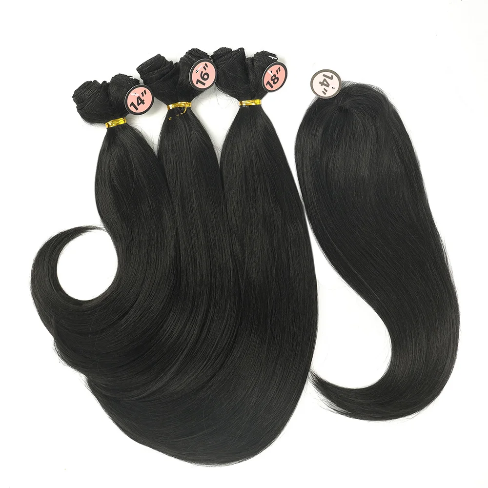 Mèches Synthétiques Noires Lisses et Soyeuses pour Femme, Tissage en Fibre Organique avec Fermeture, Degré de Chaleur, 14, 16, 18, 6 Lots, Haute Qualité