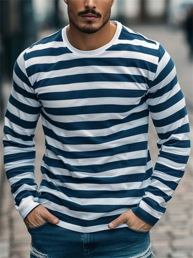 Simplicity Stripe Print T Shirt For Men Fashion Comfortable Long Sleeve T-shirt Leisure O-neck Pullover Spring Autumn Loose Tops
